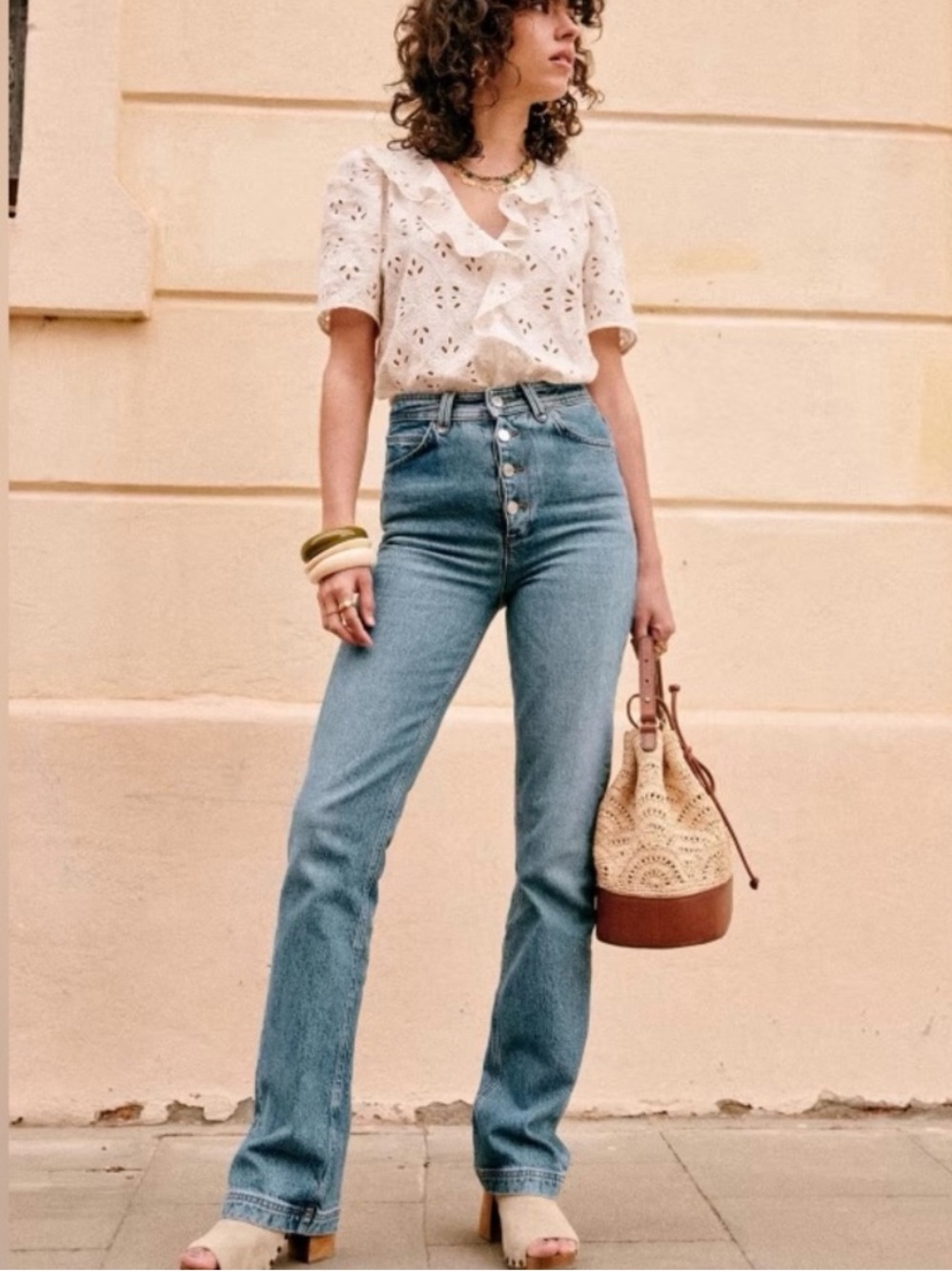 Sezane Light Blue High-Rise Button-Fly Flare Jeans